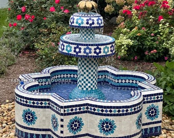 Moroccan Mosaic Fountain, Blue White Zellige Floor Water Feature, Garden Decor .