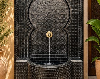 Black Mosaic Wall Fountain | Handmade Moroccan Water Feature | Outdoor Garden Decor .
