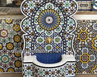 Handmade Moroccan Mosaic Fountain - Wall Mounted Water Feature - Custom Garden Fountain with Moroccan Tiles & Artistic Mosaic Design