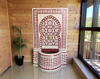 Handmade Moroccan Mosaic Fountain, Custom Zellige Tile Wall Fountain, Moorish Garden Water Feature .