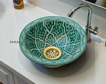 Custom Moroccan Porcelain Washbasin, Handmade Ceramic Vessel Sink with Brass Drain, Bathroom Vanity Basin .