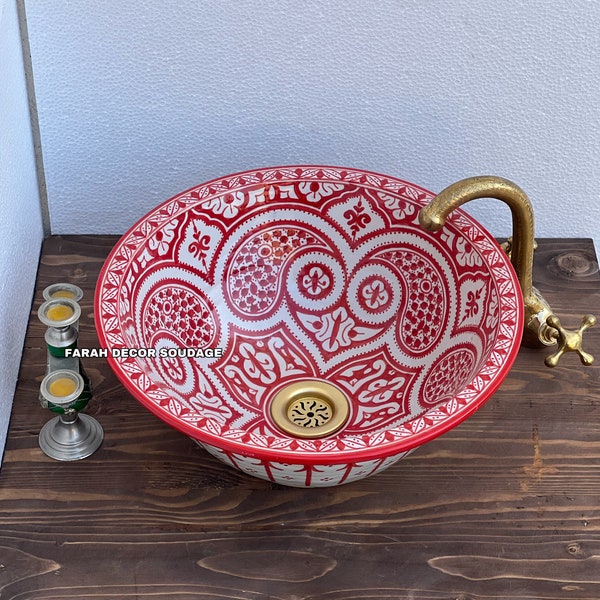 RED Moroccan Sink Washbasin Wash Basin Ceramic Handmade Hand Painted -  Moroccan Pottery washbasin - handmade sink