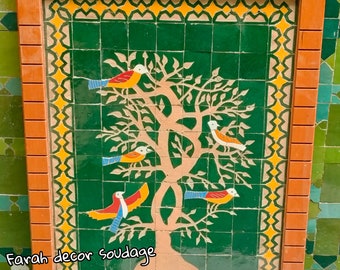 Moroccan Mosaic wall decor, wall Mosaic art, wall hanging, wood frame art, birds and tree art, Moroccan home decor ,Tiles wall hanging .