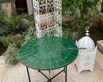 Green Handmade Moroccan Mosaic Patio Table - Round Tile Outdoor Dining Table - Custom Size .