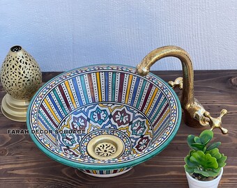 Moroccan Ceramic Vessel Sink - Handmade Bathroom Sink - Hand Painted Countertop Basin - Vanity Wash Bowl .