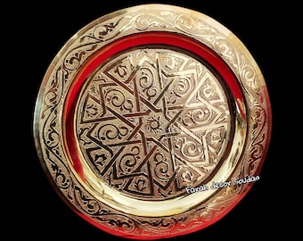 Round BRASS TRAY, MOSAIC Tray, Brass Serving Tray, Tea Tray Decor, Authentic Moroccan Engraved Food Kitchen Trays