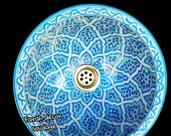 Sky Blue Moroccan Sink Washbasin Wash Basin Ceramic Handmade Hand Painted  - Moroccan ceramic sink - FREE BRASS DRAIN