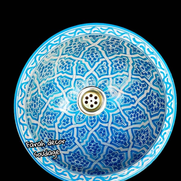 Sky Blue Moroccan Sink Washbasin Wash Basin Ceramic Handmade Hand Painted  - Moroccan ceramic sink - FREE BRASS DRAIN