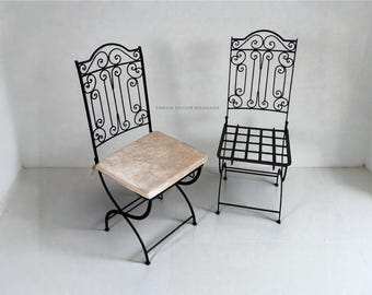 Handmade Moroccan Iron Chair – Foldable Wrought Iron Chair with Cushion - Outdoor Patio Garden Moroccan Furniture .