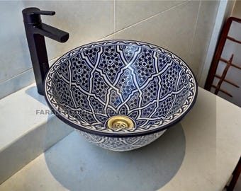 Blue Moroccan Ceramic Washbasin, Handcrafted Vessel Sink, Artisan Bathroom Basin, Decorative Vanity Sink .
