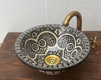 Hand-Painted Moroccan Ceramic Vessel Sink – Black and White Oriental Bathroom Basin