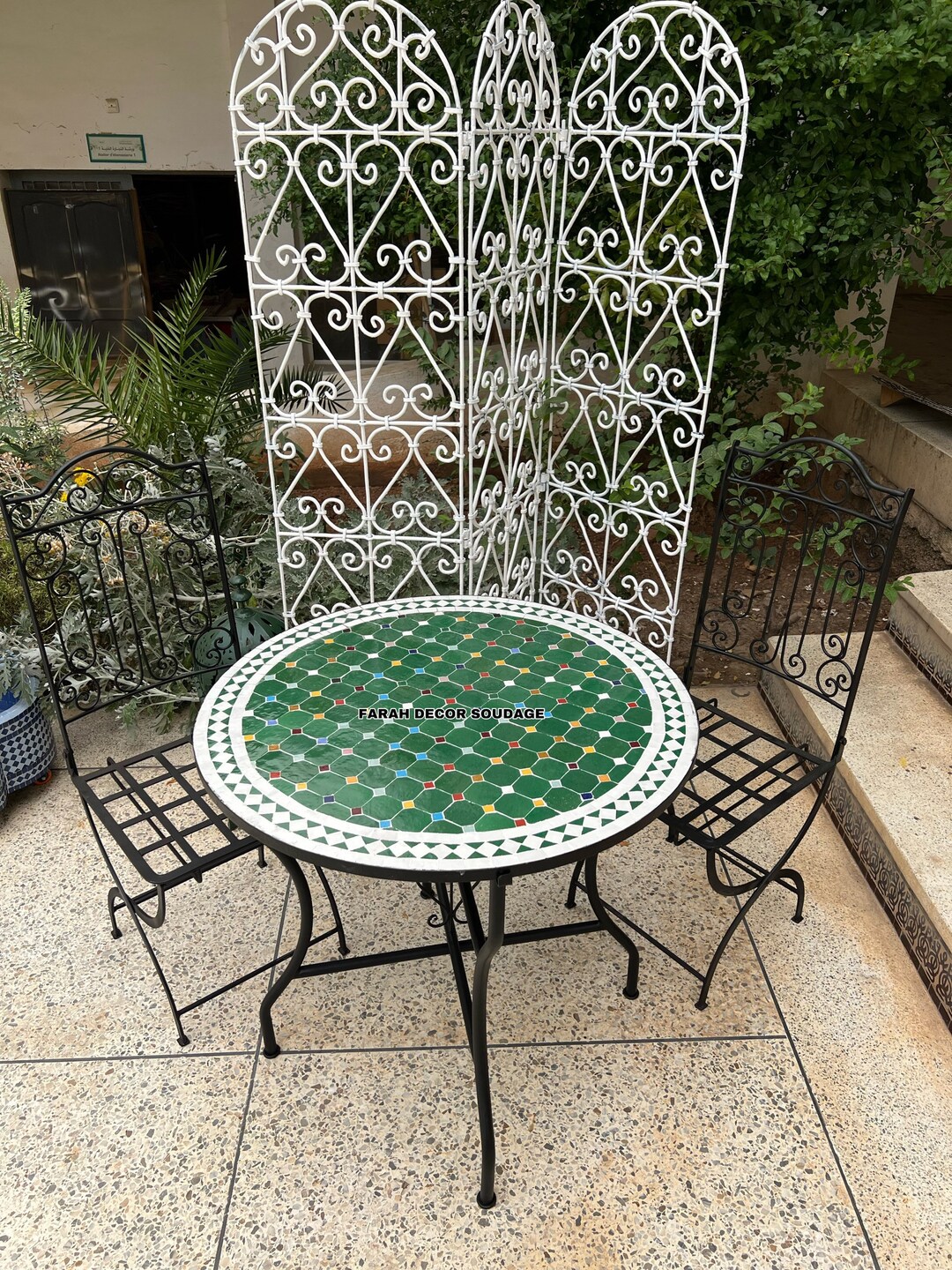 Green Mosaic Table and Chairs From Morocco for Outdoor Indoor Mid