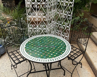 Green Mosaic Table And Chairs from Morocco For Outdoor Indoor Mid century Living, Bistro Mosaic Table, Round Moroccan garden Table.
