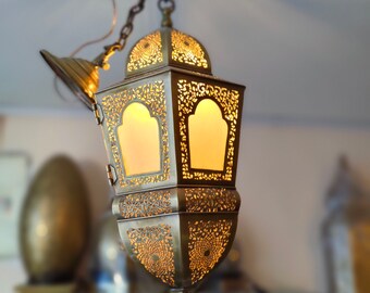 Hand Pierced Moroccan Brass Pendant Light – Antique Ceiling Lantern, Boho Hanging Lamp .