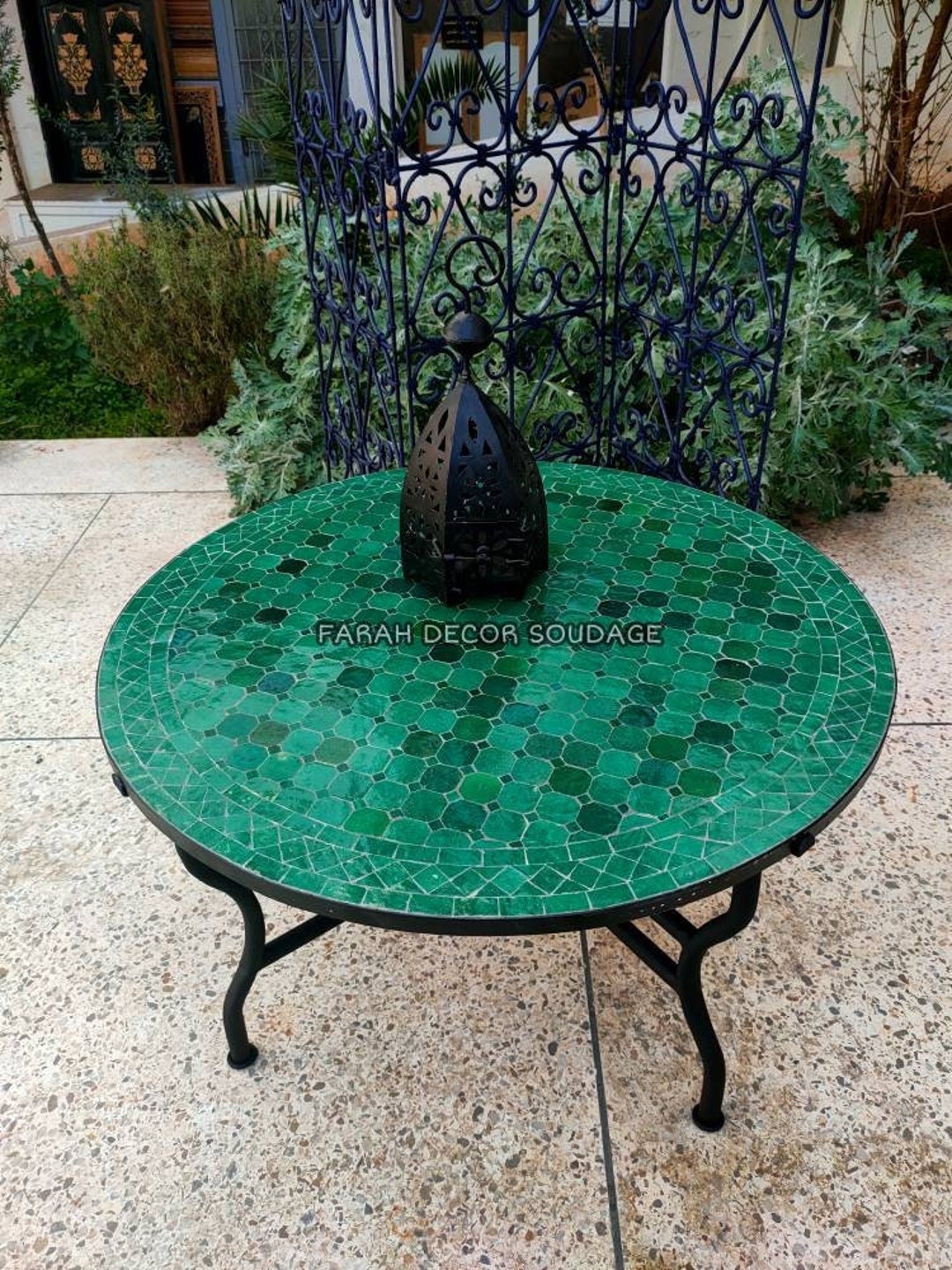 Custom Emerald Green Mosaic Table - Handmade Moroccan Bistro Table