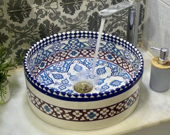 Hand Painted Moroccan Ceramic Vessel Sink | Blue White Bathroom Basin .