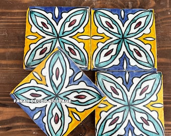 Colorful Moroccan Ceramic Tiles, Hand-Painted 4x4 Floral Wall Tile, Blue & Yellow Kitchen Backsplash .