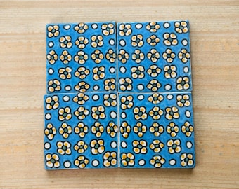 Handmade Moroccan Floral Zellige Tiles - Blue Terracotta for Wall & Backsplash - Morrish Tile .