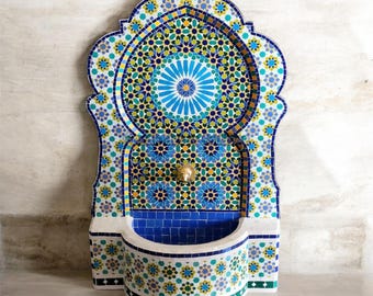 Handmade Moroccan Mosaic Fountain - Mid-Century Indoor/Outdoor Water Feature for Your Garden or Patio