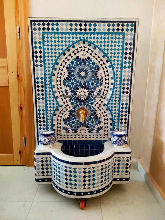 スカイブルーのモロッコモザイクタイル噴水 - 手作りの壁装飾 - 手作り