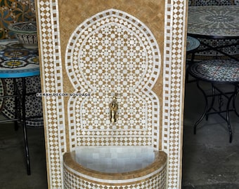 Moroccan Mosaic  Fountain - Outdoor Wall Fountain - Beige and White Fountain Terrace Decor - Moroccan Fountain