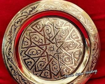 Engraved Moroccan Brass Tray | Round Tea Serving Tray | Handmade Fes Decor .