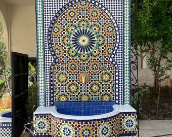 Moroccan Mosaic Fountain, Authentic Moorish Water Fountain, Handmade Moroccan Patio and Fountain Garden Decor, Fountain for Home