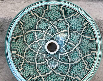 Green Moroccan Sink Washbasin Wash Basin Ceramic Handmade Hand Painted -  Moroccan Pottery washbasin - Vessel sink