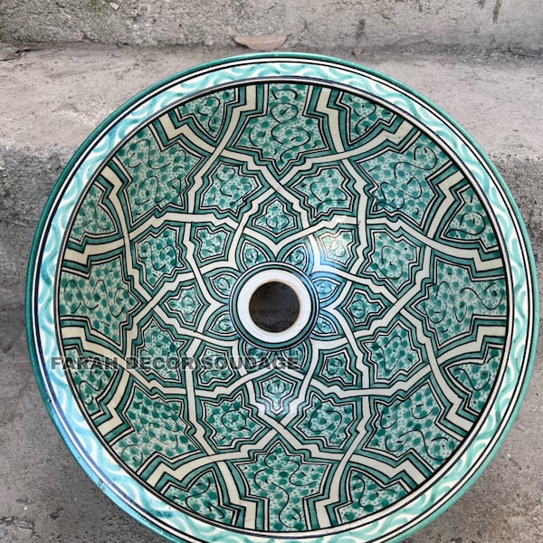 Green Moroccan Sink Washbasin Wash Basin Ceramic Handmade Hand Painted -  Moroccan Pottery washbasin - Vessel sink