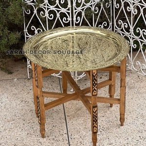 Moroccan Brass Table , Brass Tea table , Moroccan Arabesque Engraved Carved Polished Brass Tray Folding Table .