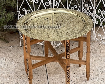 Moroccan Brass Table , Brass Tea table , Moroccan Arabesque Engraved Carved Polished Brass Tray Folding Table .
