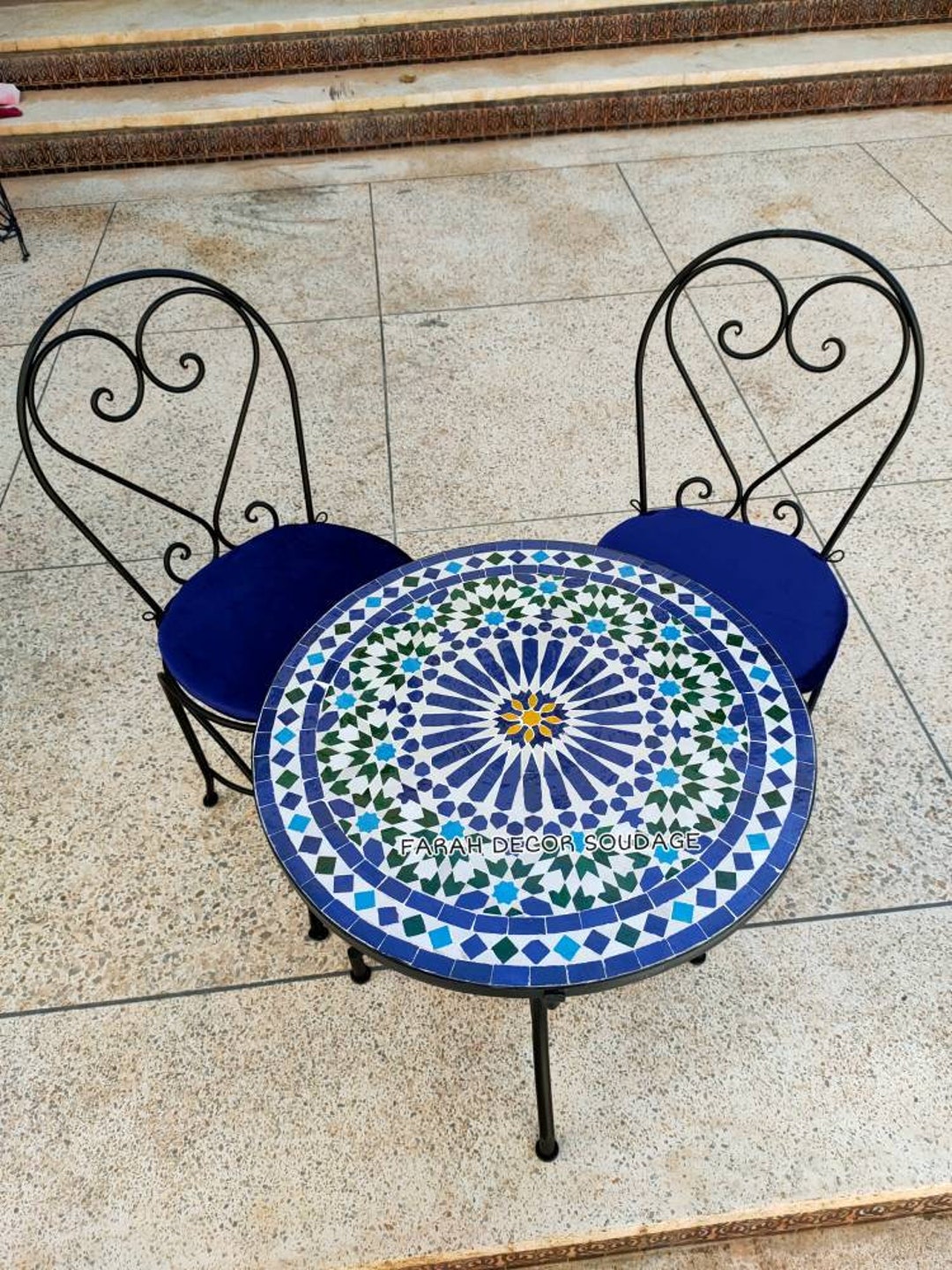 Awesome Mosaic Table With 2 Irons Chair, Blue and Green Tiles for