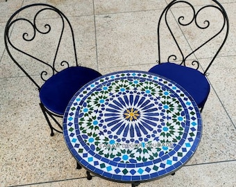 Awesome Mosaic Table With 2 Irons chair, Blue and Green Tiles  for outdoor indoor living, Mid century Mosaic Table .