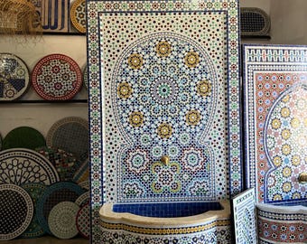 Large Handmade Moroccan Tile Water Fountain – Indoor Outdoor Wall Fountain for Garden, Patio & Courtyard .