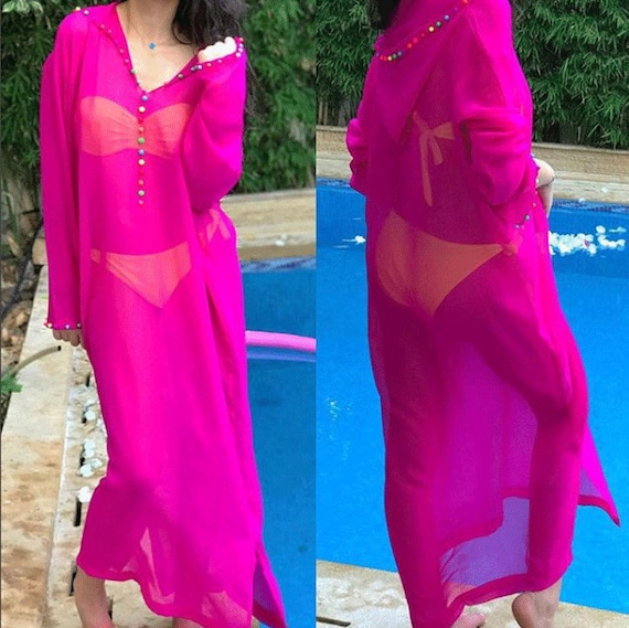 Robe Marocaine Djellaba Robe De Plage Maillots De Bain Belle Couleur Rose Couvrir Couverture Pellicule De Plage Paréo