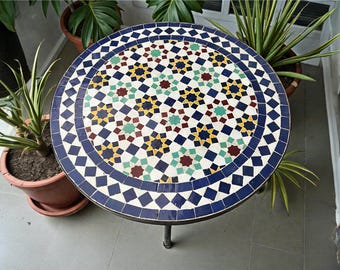 Moroccan Mosaic Patio Table – Handmade Round Tile Table – Custom Outdoor Farmhouse Garden Dining Set .