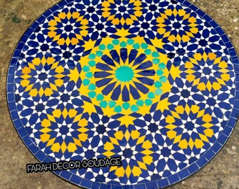 Boho Coffee Table - Handmade Moroccan Zellige Mosaic Table – Gold Iron Base