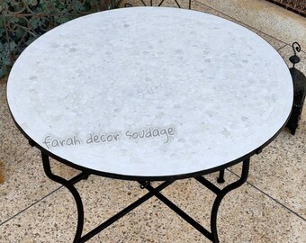 Bistro White Moroccan Mosaic Table - Natural White Zellige - Outdoor / Indoor Coffee Mosaic Table .