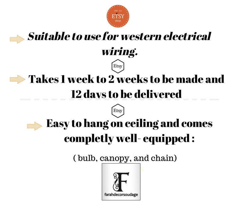 May include: A text-based image listing details about a ceiling light fixture. The listing states that the light fixture is suitable for western electrical wiring, takes 1 week to 2 weeks to be made and 12 days to be delivered, and is easy to hang on the ceiling. The listing also states that the light fixture comes with a bulb, canopy, and chain.
