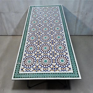 Handmade Moroccan Mosaic Table – Rectangular Outdoor/Indoor Zellige Tile Table With Iron Legs .