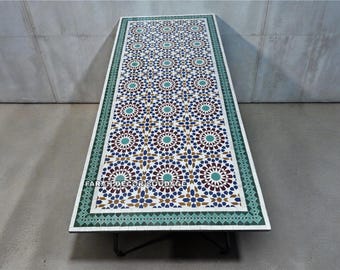 Handmade Moroccan Mosaic Table – Rectangular Outdoor/Indoor Zellige Tile Table With Iron Legs .