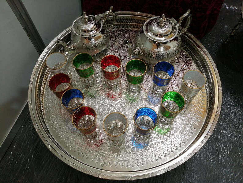 Moroccan Tea Glasses & Teapot Engraved Silver Tray Moroccan Etsy