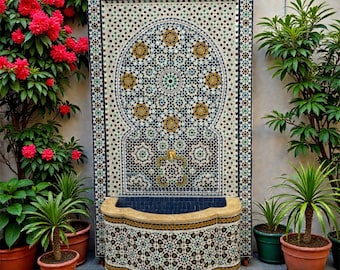 Handmade Moroccan Zellige Mosaic Water Fountain - Mid Century Garden Decor