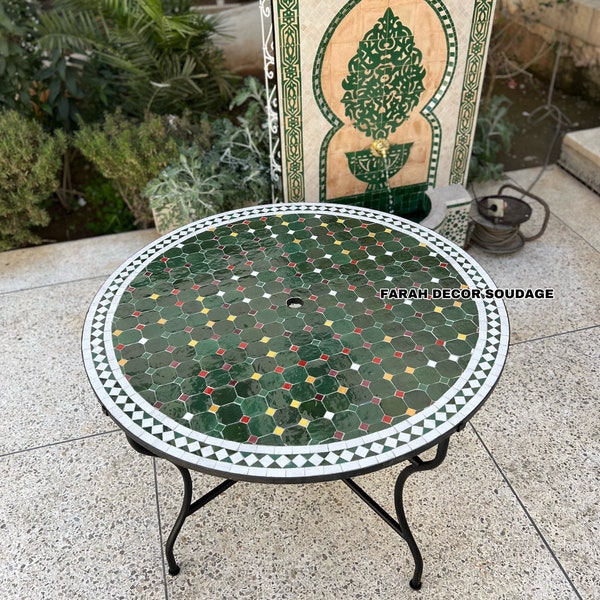 Mediterranean Mosaic Table with Umbrella Hole - Handmade Outdoor Coffee Table - Complicated Mosaic Pattern multi-colored Table .