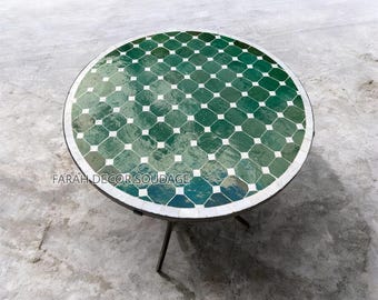 Handmade Moroccan Mosaic Table – Green Zellige Tile Round Table – Moroccan Patio Garden Table .