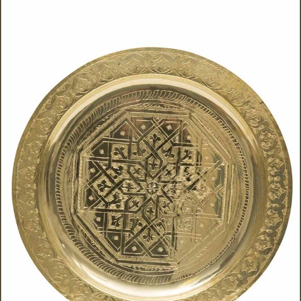 Round BRASS TRAY, MOSAIC Tray, Brass Serving Tray, Tea Tray Decor, Authentic Moroccan Engraved Food Serving Platter