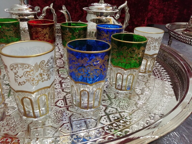 Moroccan Tea Glasses & Teapot Engraved Silver Tray Moroccan Etsy