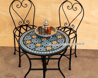 Moroccan Mosaic Table And Chairs, Bistro Mosaic Table For Outdoor Indoor With 2 Iron Chairs Garden, Bistro Set  for your Garden or balcony .