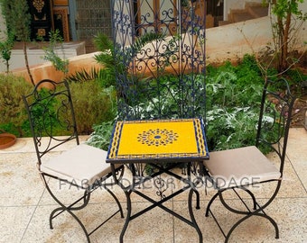Square Mosaic Table And Chairs For Outdoor Indoor, Moorish Square Bistro Mosaic Table, Square Moroccan garden Table, Yellow and Blue Zellige