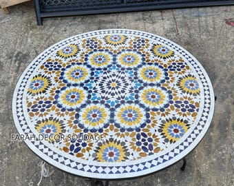 Moroccan Mosaic Table | Yellow Blue Zellige Patio Dining Table | Mediterranean Outdoor Garden Table